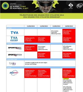 Horaire télé des Grands Prix Cyclistes de Québec et de Montréal